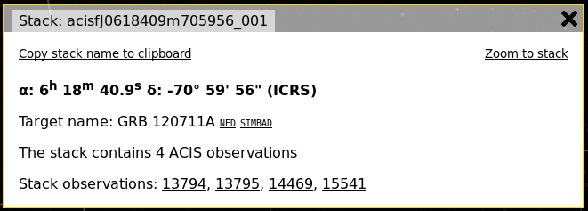 A window displays basic information about the selected stack, such as processing date, number of Chandra observations in the stack, and links to the individual observations.