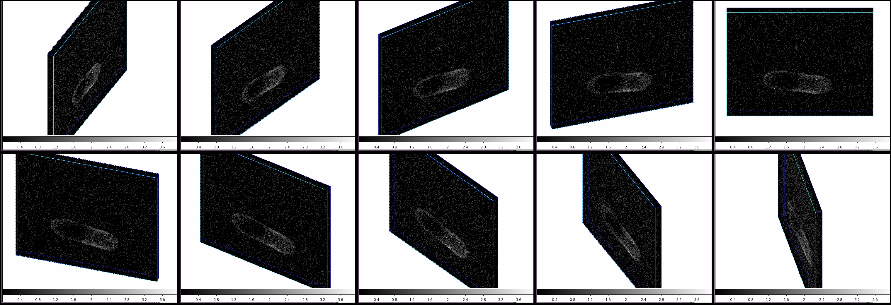 [Print media version: ds9 now supports real-time 3D rendering of data cubes. In this sequence of screen shots, the image has been rotated from -60 to +75 degrees.]