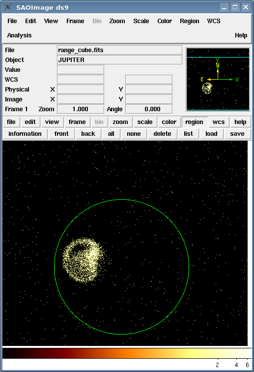 [Print media version: A green circle is defined on the data with the center to the west (right) of Jupiter.]