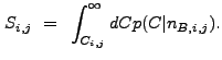 $\displaystyle S_{i,j}~=~\int_{C_{i,j}}^{\infty} dC p(C \vert n_{B,i,j}) .$