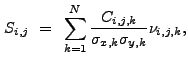 $\displaystyle S_{i,j}~=~\sum_{k=1}^N \frac{C_{i,j,k}}{\sigma_{x,k}\sigma_{y,k}} \nu_{i,j,k} ,$