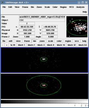 [Thumbnail image: Source and background regions displayed on the event file in separate ds9 frames.]