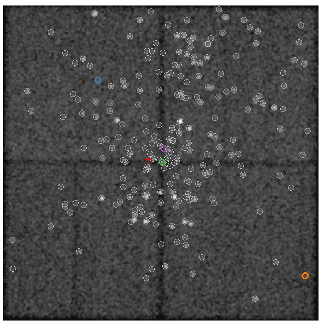 [Print media version: Figure 5. Broad band counts image for OBS_ID 9768 with wavdetect sources]