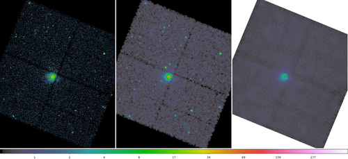 [Thumbnail image: The background (right frame) is primarily flat with some brighter features where the extended emission is in the original observation. An image of the source is in the left frame.]