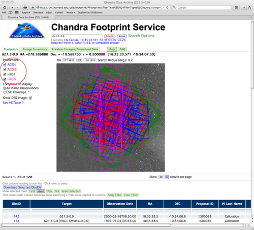 [Thumbnail image: The page now shows a DSS image with overlays for the observations and a table listing the matching observations.]