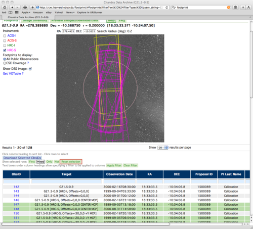 [Thumbnail image: By de-selecting the ACIS-I, ACIS-S, and HRC-I observations only the pink outlines of the HRC-S observations are shown.]