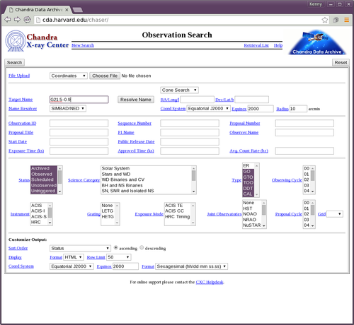 [Thumbnail image: The Instrument (ACIS-I) and Grating (NONE) options are highlighted in the ChaSeR webpage and the Target Name is set to "G21.5-0.9".]