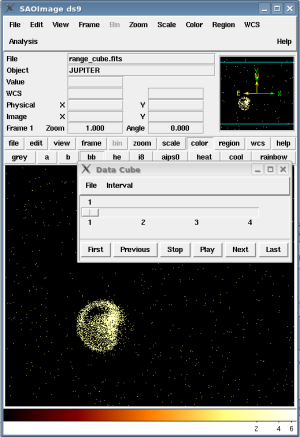 [Thumbnail image: One interval of the data cube is visible at a time when displayed in ds9. The data cube control window is also open.]