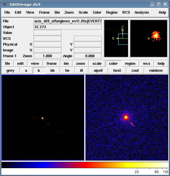 [The afterglow events and the original event file are displayed side-by-side in ds9.]