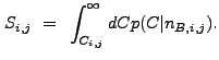 $\displaystyle S_{i,j}~=~\int_{C_{i,j}}^{\infty} dC p(C \vert n_{B,i,j}) .$