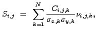$\displaystyle S_{i,j}~=~\sum_{k=1}^N \frac{C_{i,j,k}}{\sigma_{x,k}\sigma_{y,k}} \nu_{i,j,k} ,$