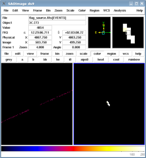 [Thumbnail image: The background and source photons flagged by the tool are displayed side-by-side in ds9.]