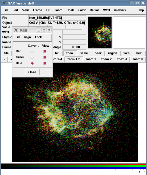 [Thumbnail image: The data is loaded into one ds9 frame; the RGB window indicates the current layer is Blue.]