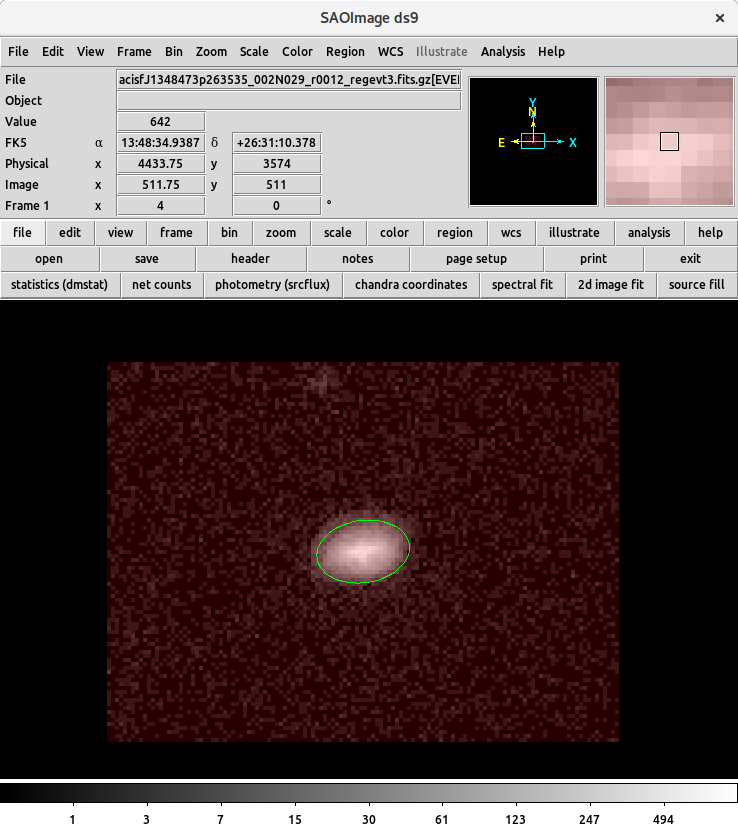[The ds9 image viewer shows the image data containing a source in the center of the field, along with a green ellipse region covering most of the source counts. The source counts are covered by a transparent red color indicating the location of the mask region.]