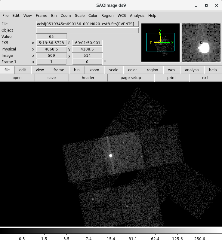 [The ds9 image viewer shows the image data, where there are multiple ACIS observations (visible by the different rotations for the sets of chips).]