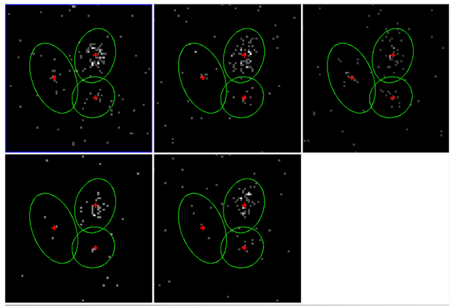 [A 3 by 2 set pf images (where the last one is empty) all showing the same area of sky and same three detections (each indicated by a green ellipse with a red marker close to its center). One of the sources is obvious in all 5 images but the other two sources are fainter, so harder to identify.]