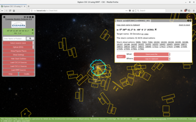 [A view of the WWT web page, showing the stacks covering the Hubble Deep Field North and its neighbors. Several features of the WWT interface - showing the source locations in the area, information on a selected stack, and a handly list of commonly-visited locations - are shown.
