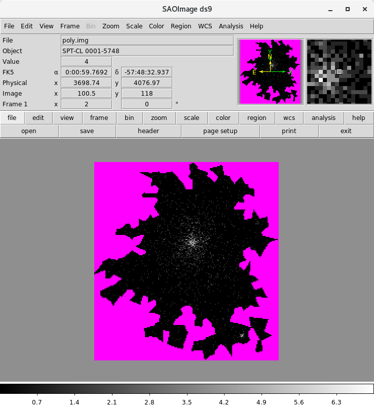 [The SAOImage DS9 image displayer is used to show the events that fall within the polygon. There is a central extended source (a galaxy cluster that has also been detected by the South Pole Telescope due to the Sunyaev-Zeldovich affect) but the region is larger than this, and the bounary is not smooth, with a lot of protrusions.]