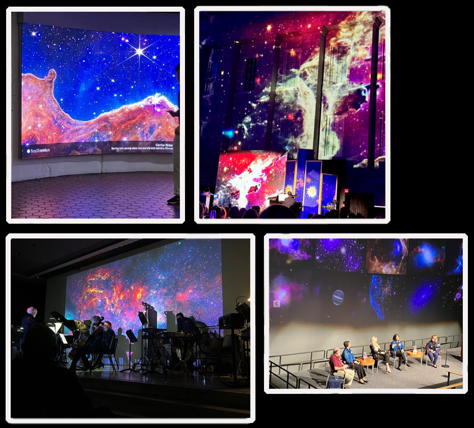 Top Left: A striking image of a nebula, with a puffy orange cloud terminating in sharp features. Above it in the image is a diffuse yet structured blue glow. This image is being presented on a large screen on the wall of a public walkway, with the glow reflecting off of the floor tiles. Top right: View from the audience of a performer at a piano in a large performance space, their back to the audience. Behind them is a large screen showing a diffuse celestial structure; this image is mirrored above, where it has been projected onto a very tall wall. Bottom Left: View onto a stage of a small ensemble of musicians sitting and playing. String and percussion musicians, as well as the conductor, can be clearly identified. Behind the performers is a projected image of the Galactic center, where red dust clouds and blue X-ray emission overlap in a spectacular image. Bottom Right: Five people seated on a stage, as seen from above. Behind them is a collage of multiple images of Chandra science. They appear arranged in a panel discussion format, and two panelists have on blue jackets indicating that they are astronauts.